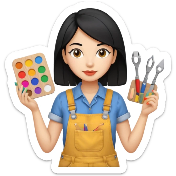 Créame emoji de una mujer que sea diseñadora industrial, pelo negra, piel morena, femenina con overol y una paleta de colores o herramientas de taller  sticker