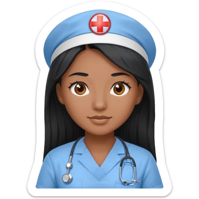 pretty brown skin nurse with long black hair and thin brown eyes in light blue scrubs sticker