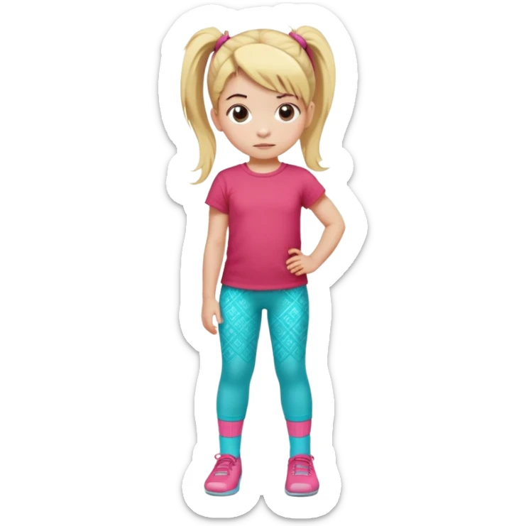 Little girl with blonde hair in ponytail with pink hair tie, wearing red t-shirt and turquoise patterned pants, light socks, serious facial expression sticker