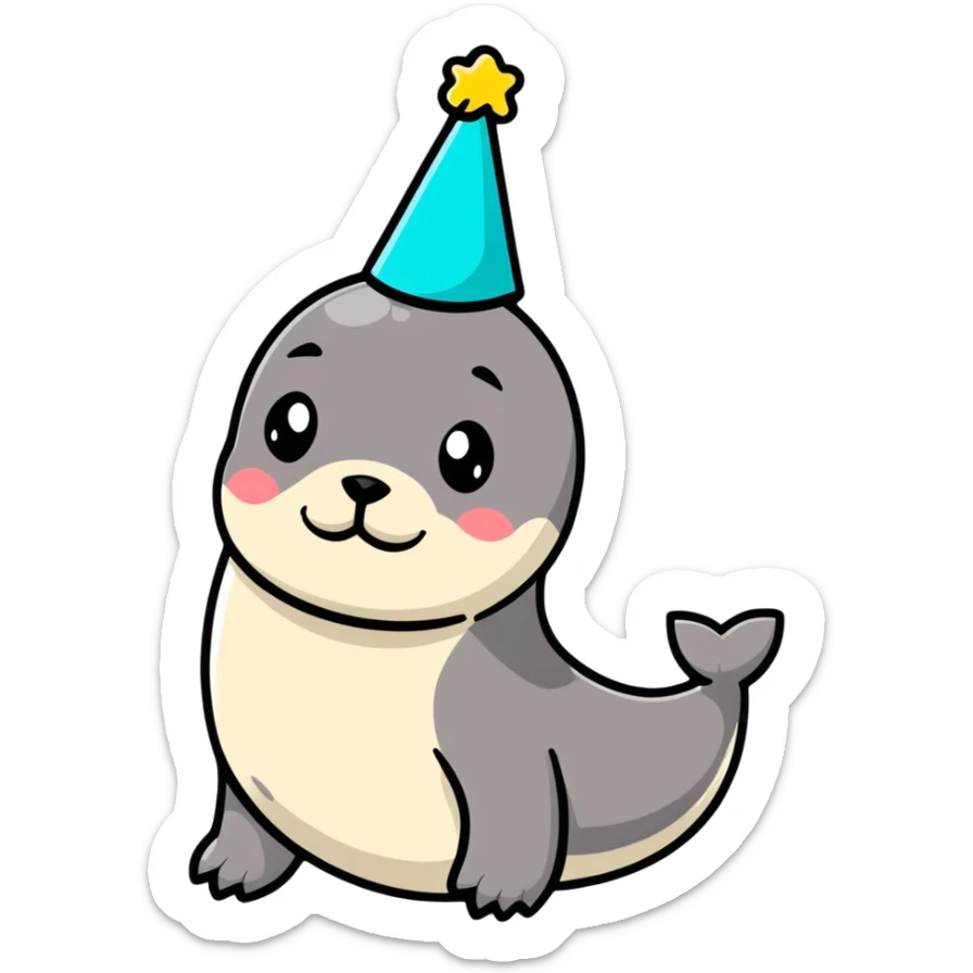 A cute seal wearing a colorful party hat, similar to a sustainable fuel plant logo sticker