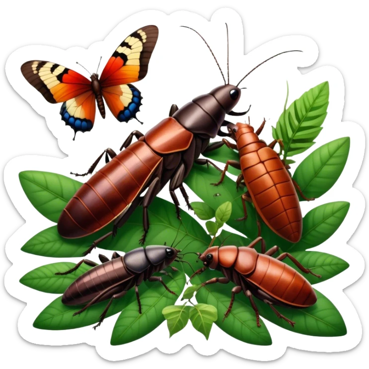 Close-up of giant Madagascar hissing cockroaches, butterflies, and stick insects in their natural habitat. The insects are shown in detail, highlighting their unique textures and colors, surrounded by plants and leaves. Soft lighting to enhance their features. Transparent background. sticker
