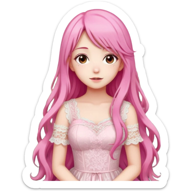 pastel anime woman with pink and white lace dress full body and long hair in a rose garden background sticker