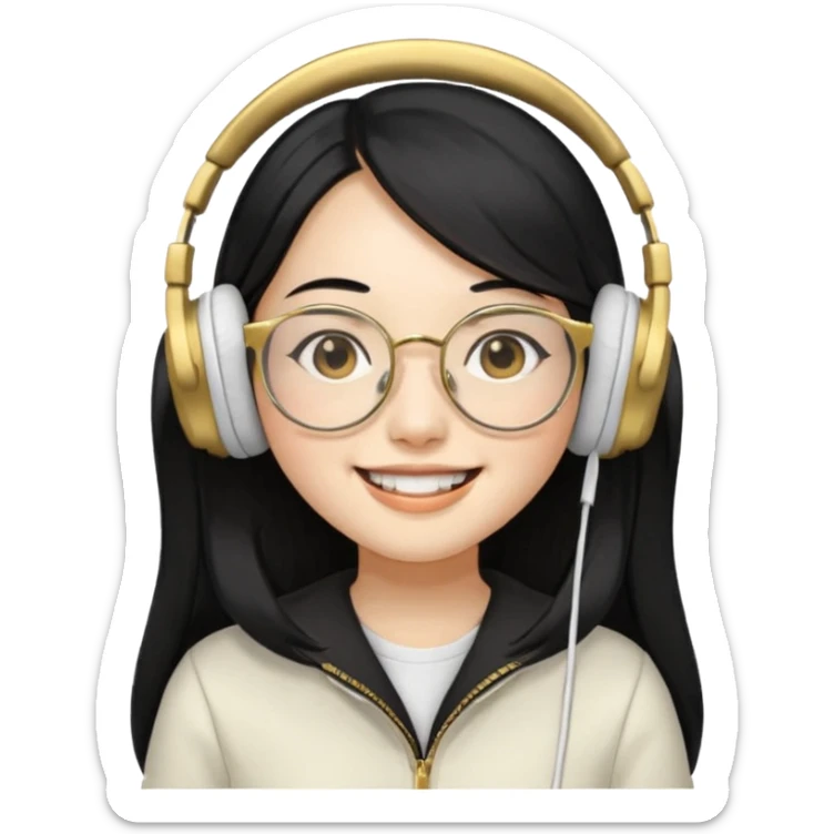 generate an asian female with long black hair, golden rim glasses, and a white headphones sticker