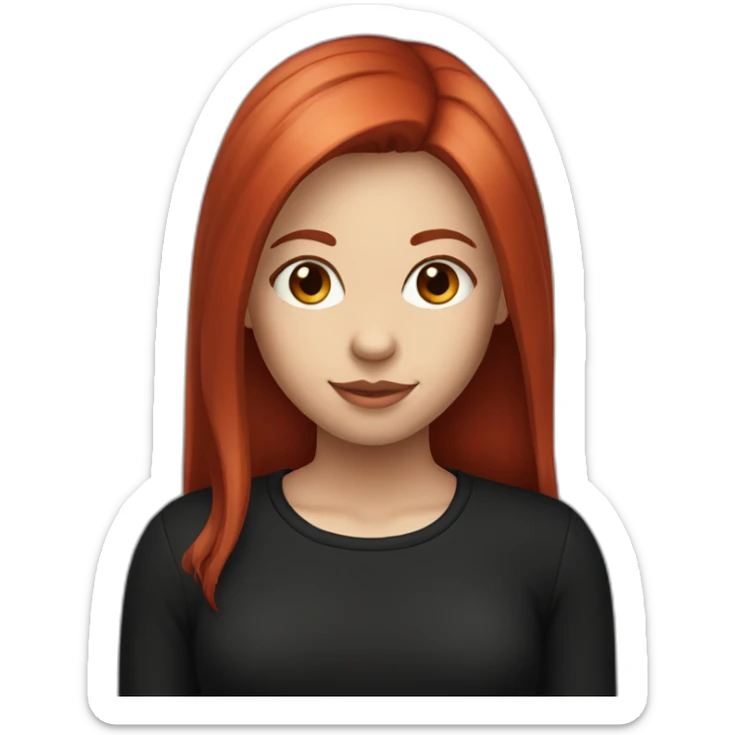 a girl with straight long cherry red hair, with black shirt sticker