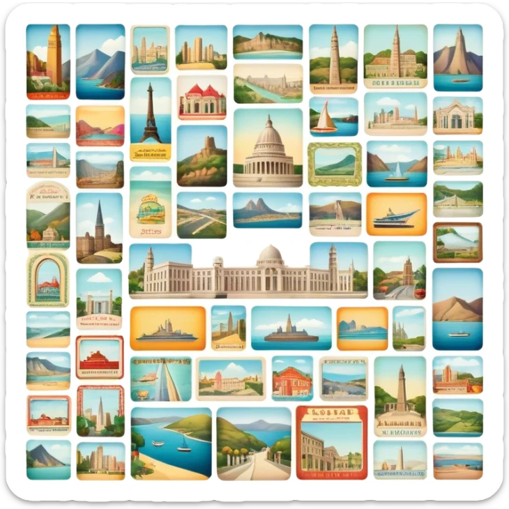 Icon for Postcard Collecting: a collection of colorful vintage postcards, featuring scenic views, landmarks, and greetings, arranged neatly in an album or on a display board. The icon should convey the charm and nostalgia of postcard collecting. Transparent background. sticker