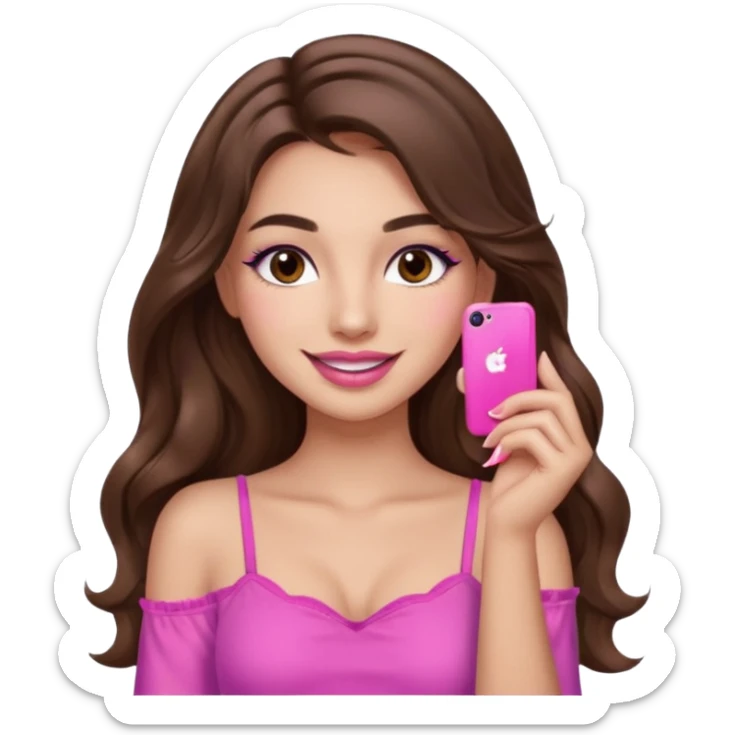 girl with long wavy brown hair, brown eyes, long lashes makeup, sexy pink lips, light to medium complexion, pink sexy top, smiling, hand by the cheek sticker