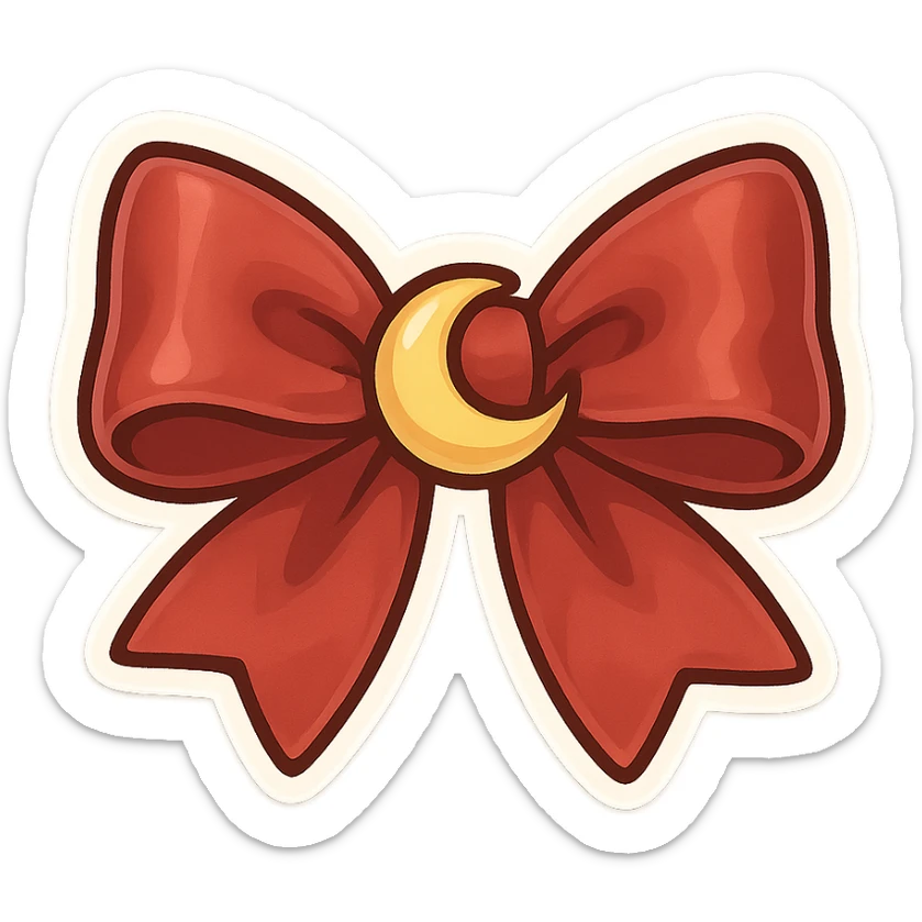 chibi style bow, red satin, shiny, simple and elegant, tied neatly, moon motif sticker