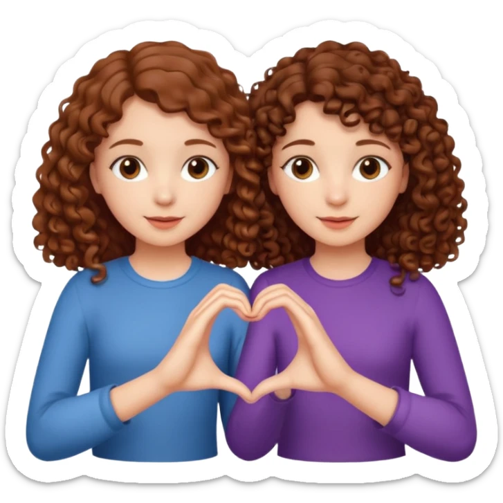 Emoji of two sisters, a brunette with straight hair and a chestnut-haired girl with curly hair, making a heart with their hands sticker