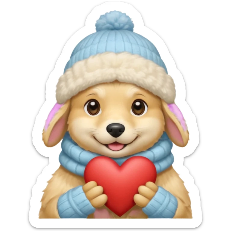 English cream golden retriever cartoon cuddling with winter hats and heart in between them sticker