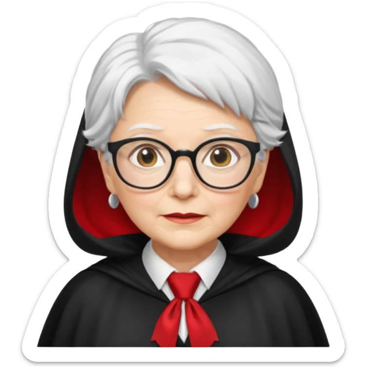 An older woman with glasses and white hair, in a red tie and black cape sticker
