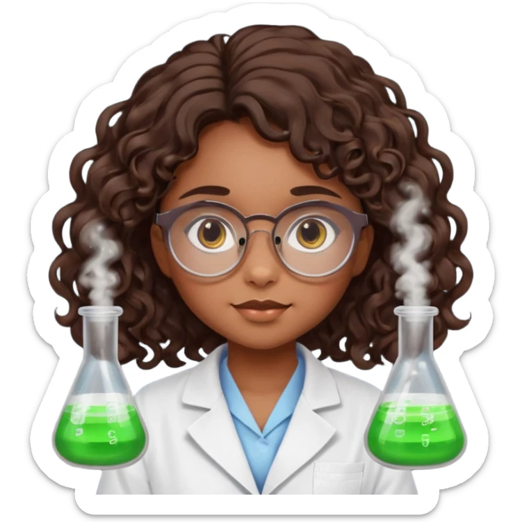 bratz doll with long loose curly dark brown hair, glasses that are round cat eye vibes, in a lab coat mixing beakers that glow shes a 4th grade girl sticker