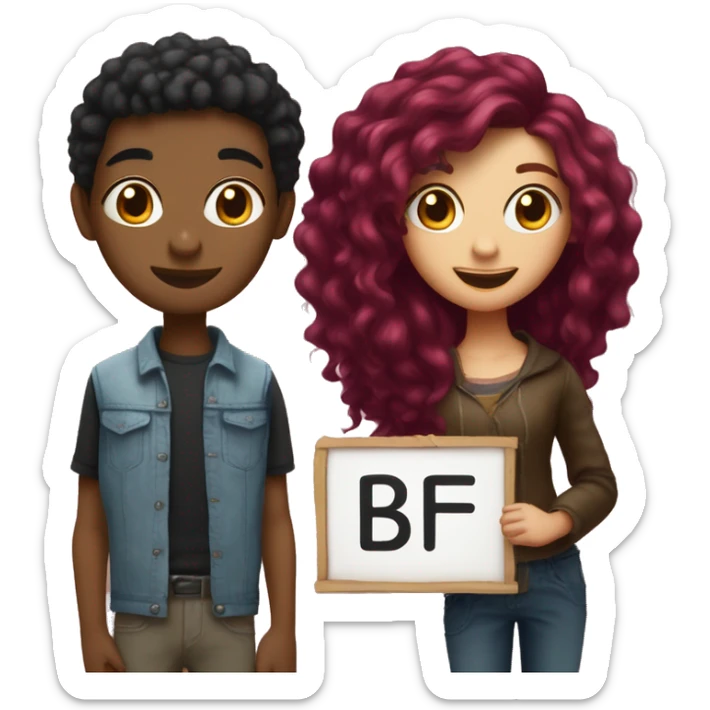 Girl with burgundy hair next to a tall boy with short black hair holding up a sign that says “BFF” sticker