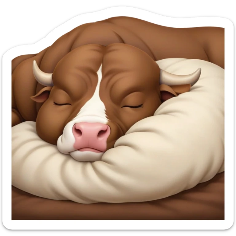 meme-worthy-cute-sleeping-domestic-bull-portrait-emoji,-head-resting-peacefully-with-a-contented-smile,-showcasing-a-robust,-muscular-build-and-a-luxuriously-soft-coat,-eyes-gently-closed-in-serene,-restful-slumber,-simplified,-solid-brown sticker