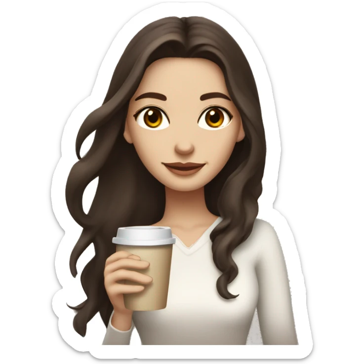 Brunette girl with long hair and dark brown glowy eyes  and white skin wearing vanilla soft clothes and holding coffee sticker