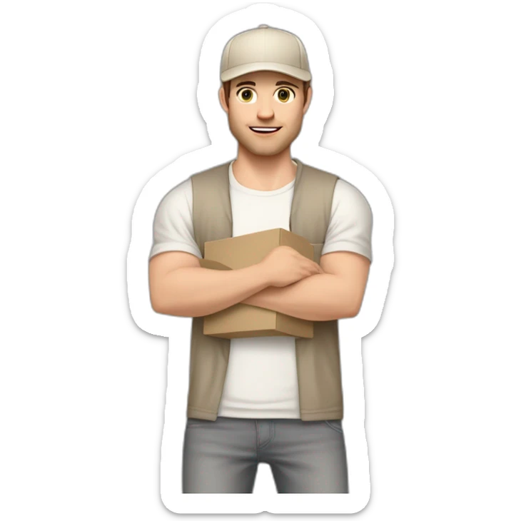 Pale skinned fit Man with dark brown hair in a beige cap, gray jeans, brown polo and white T-shirt keeping a pasted with tape white box into his hands sticker