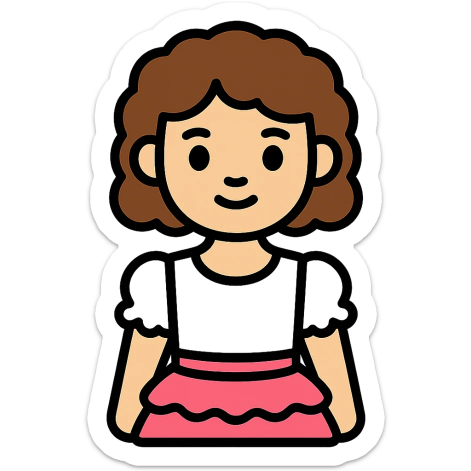 light skin girl, brown eyes, short curly brown hair, white blouse with ruffles, pink skirt with ruffles sticker