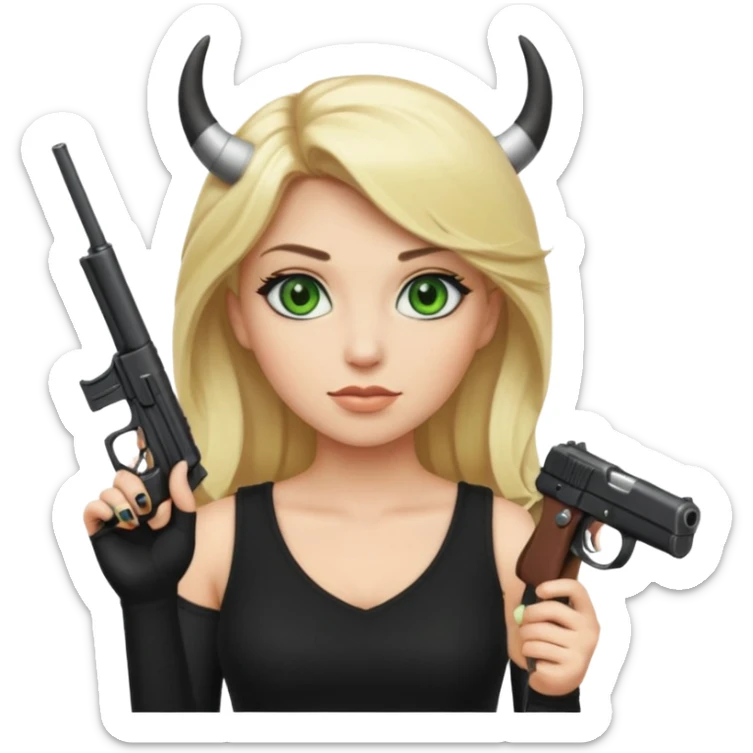 Emoji femme blonde cheveux blond, yeux vert avec de long cils noir qui porte un pistolet et à des cornes  sticker