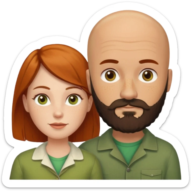 Couple. Bald man with dark brown-black beard. White woman with many small, faded freckles, she has white skin and she has auburn-yellow-brown-cinnamon, dark hair. She has light orange-brown eyes. The man have hazel eyes. They like green. Retro style. sticker