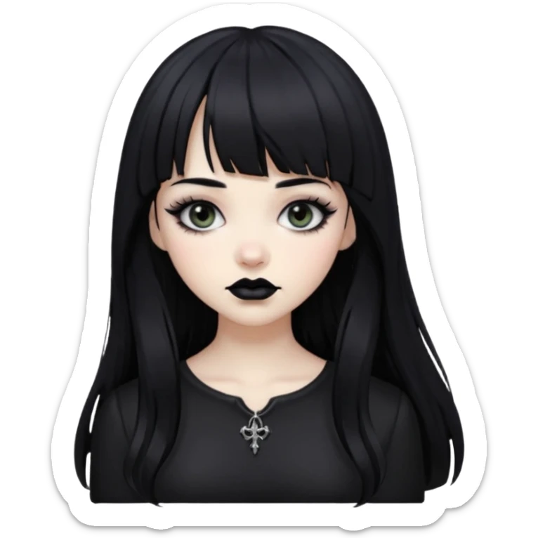 Gothic gir, black hair with bangs, slightly wavy, very long hair,long eyelashes, black eyes. sticker