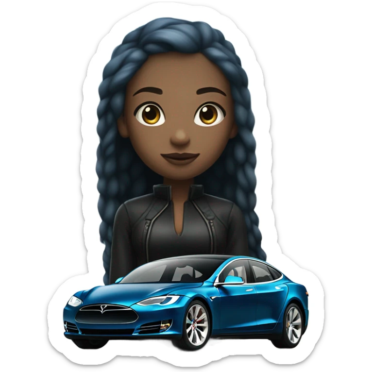 white skin girl with blue hair in black clothes standing next to tesla car sticker