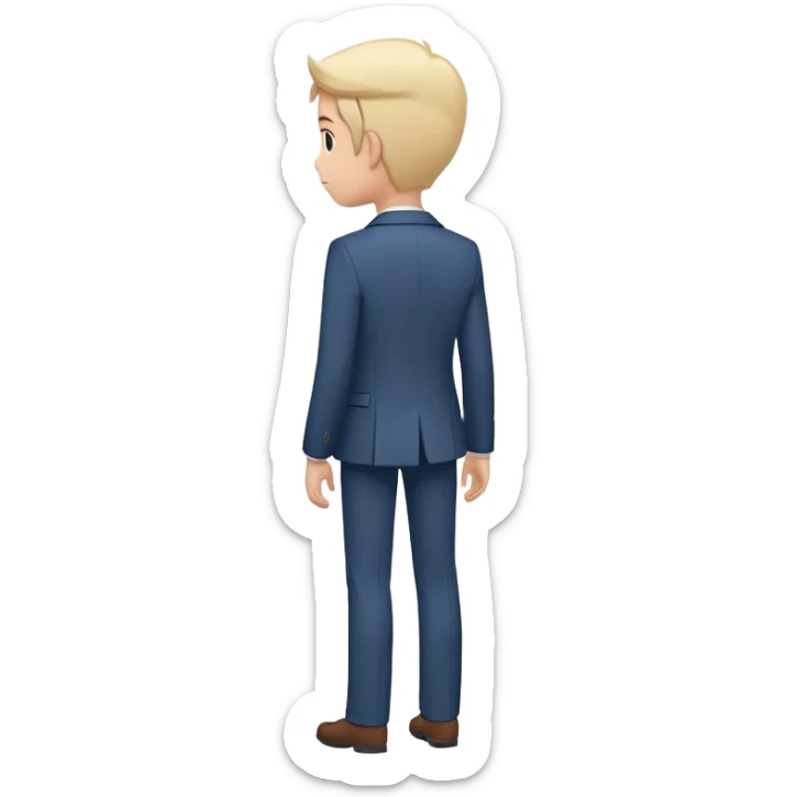 minimal emoji of person in blazer, seen from 3/4 rear angle, standing with good posture, arms by sides, clean lines, simple colors, white background sticker
