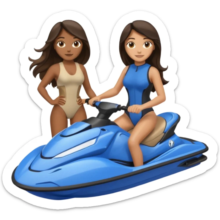 Dark tan male dark hair & light tan female long dark hair on a blue jet ski no sunglasses sticker