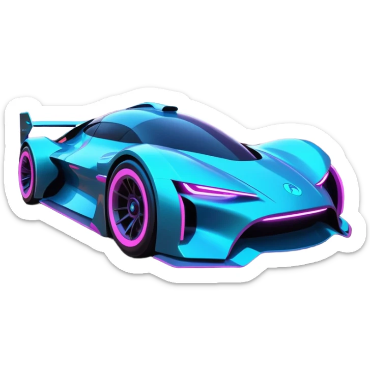 A futuristic racing car with glowing neon lights, sleek aerodynamic design, and a cyberpunk cityscape in the background. The car is speeding through a neon-lit street with high-tech buildings and holograms." sticker