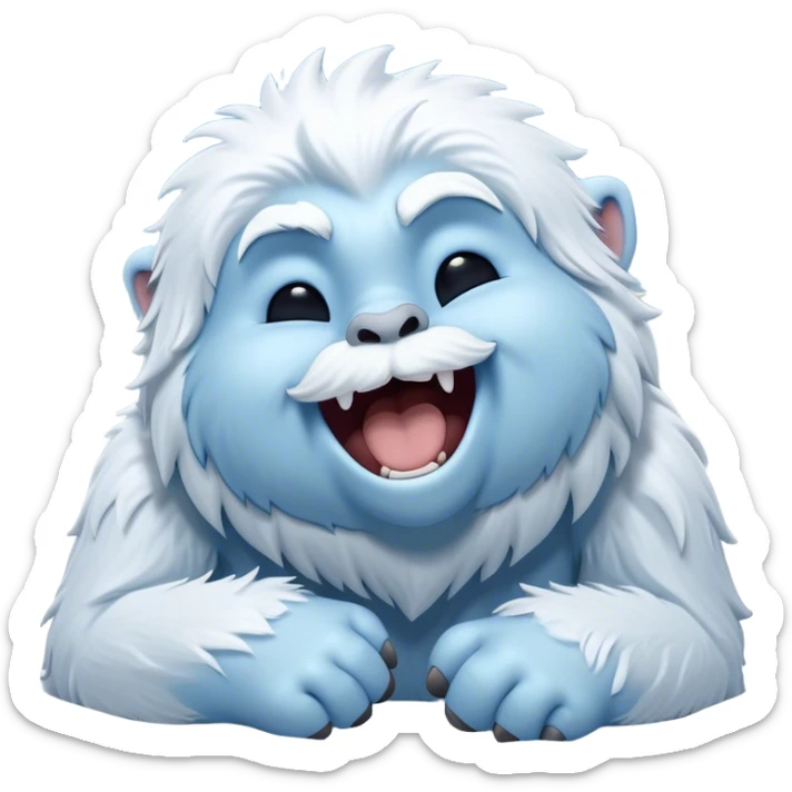 Cinematic Cute Yawning Yeti Portrait Emoji, with a charming, fluffy, snow-dusted figure in gentle whites and cool blues, head tilting back in a wide, endearing yawn with softly closed, peaceful eyes and a content little smile, simplified yet irresistibly adorable, highly detailed with a soft, frosty glow and outline capturing the serene slumber of a yeti! sticker
