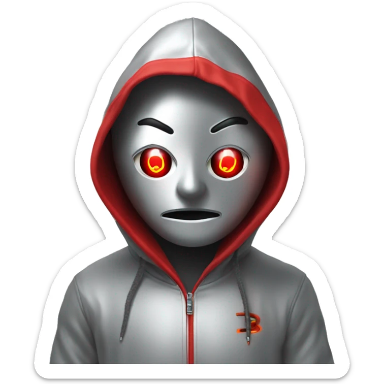 A silver human with red laser beam coming out of eyes , wearing a hoodie with red bitcoin logo sticker