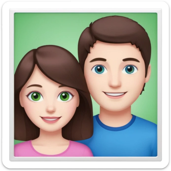 pink polaroid photo of a couple thats white with brunette hair blue and green eyes sticker