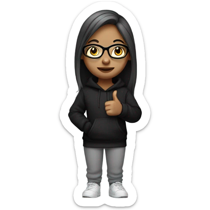 girl standing with thumbs up black hoodie and grey sweatpants and she has straight hair, and she uses glasses sticker