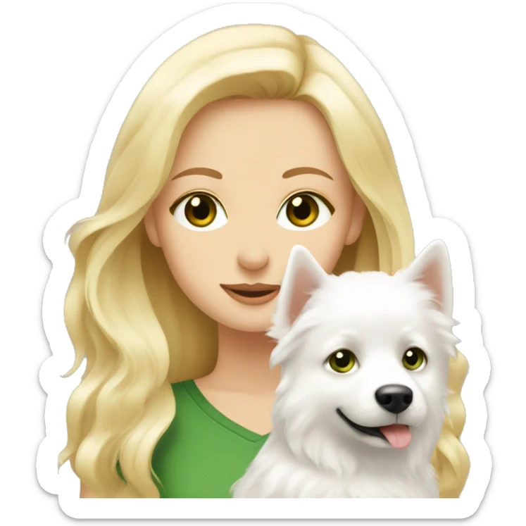 a white girl with green eyes, a blonde hugs a white Spitz puppy with brown eyes sticker