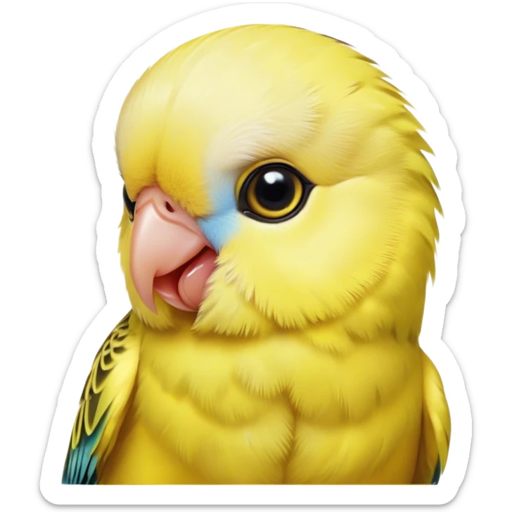 Cinematic Cute Yellow Budgie Portrait Emoji, Head tilted playfully and inquisitively, featuring a radiant yellow feathered fur with a natural sheen, round, sparkling dark eyes filled with curiosity, Simplified yet irresistibly adorable features, highly detailed, glowing with a warm, friendly glow, high shine, affectionate and lively, stylized with a touch of whimsy, bright and endearing, soft glowing outline, capturing the essence of a mischievous yet loving budgie, so playful it feels like it could chirp out of the screen and into your arms! sticker