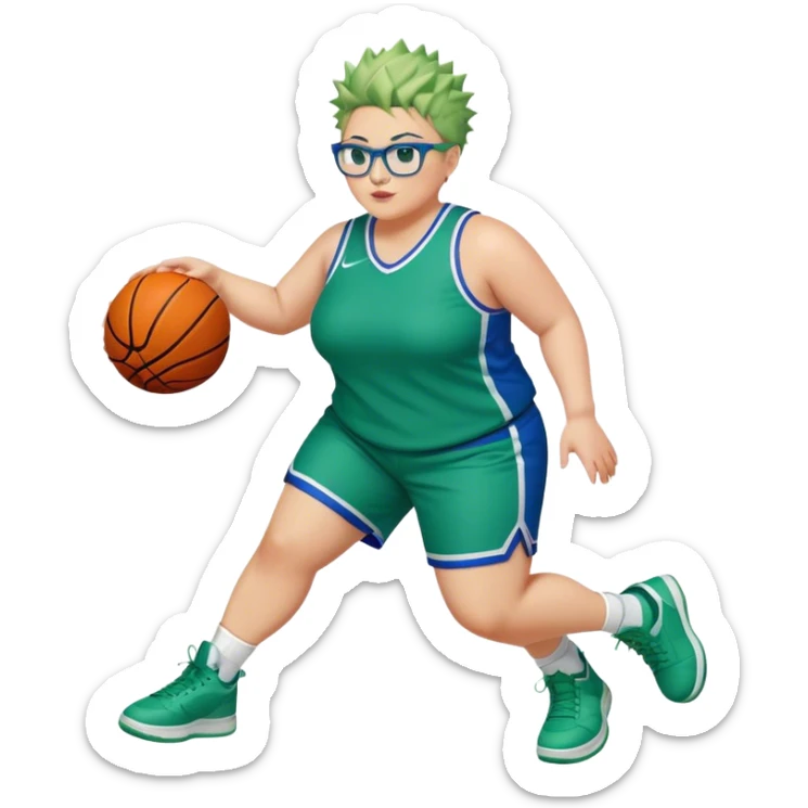 FULL BODY PLUS SIZE  WHITE women with short hair SPIKEY HAIR and glasses playing basketball IN BLUE AND GREE UNIFORM NO WRITING sticker