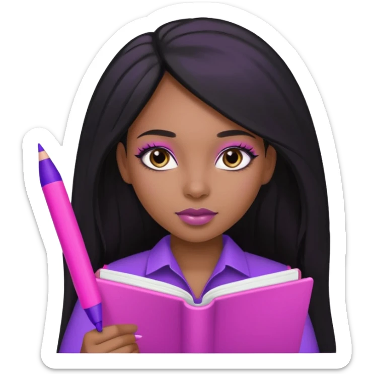 Une fille noir au cheveux lisse qui est entrain d’écrire avec un stylo rose sur un cahier violet cheveux long et lisse avec des jolis yeux et un beau makeup sticker
