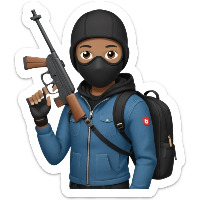 YN wearing a ski mask, holding a gun, black jeans, Sprayground bookbag, confident stance sticker