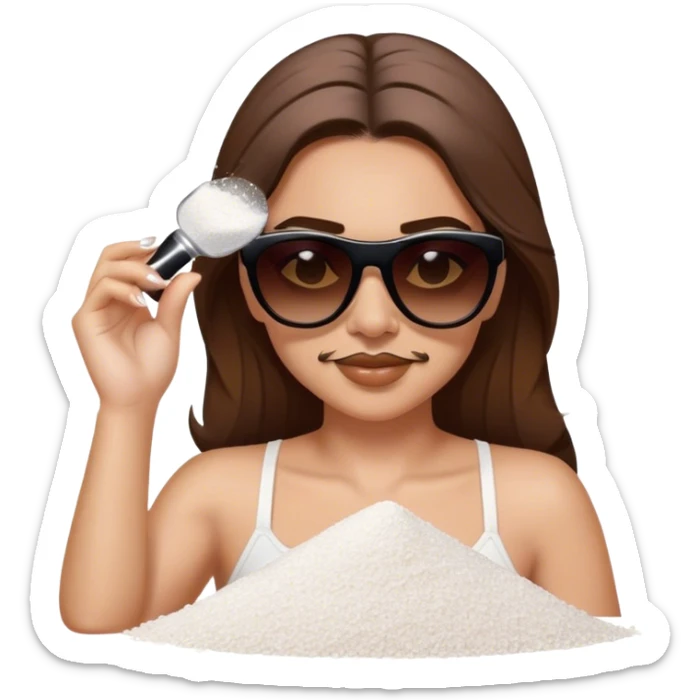 White woman with brown hair posing as salt bae with sunglasses. She is sprinkling salt on top of a pile of makeup sticker