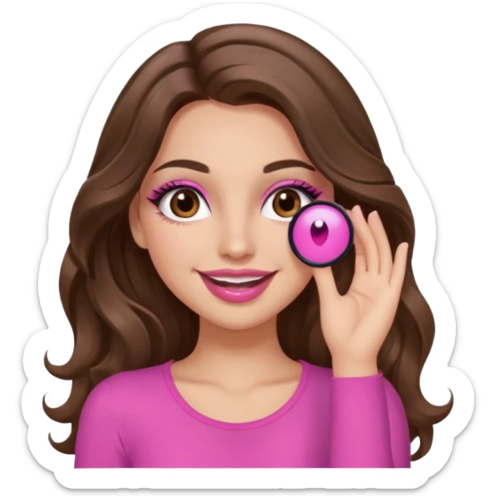 girl with long wavy brown hair, brown eyes, long lashes makeup, sexy pink lips, light to medium complexion, pink sexy top, smiling, hand covering eyes sticker