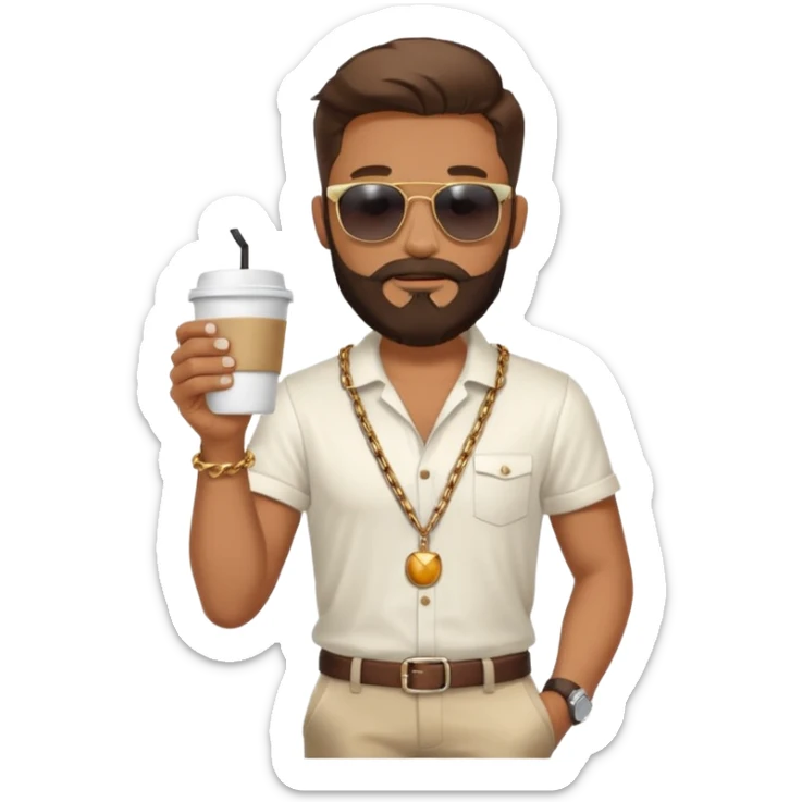 stylish bearded male traveler with coffee cup on hand, cool sun glasses with chain strap, white shoes, sticker