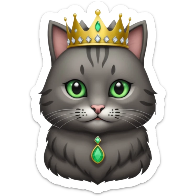 Gatito gris oscura con rayas negras ojos verdes vestida de reina con coronas y diamantes, más peluda y gordura  sticker
