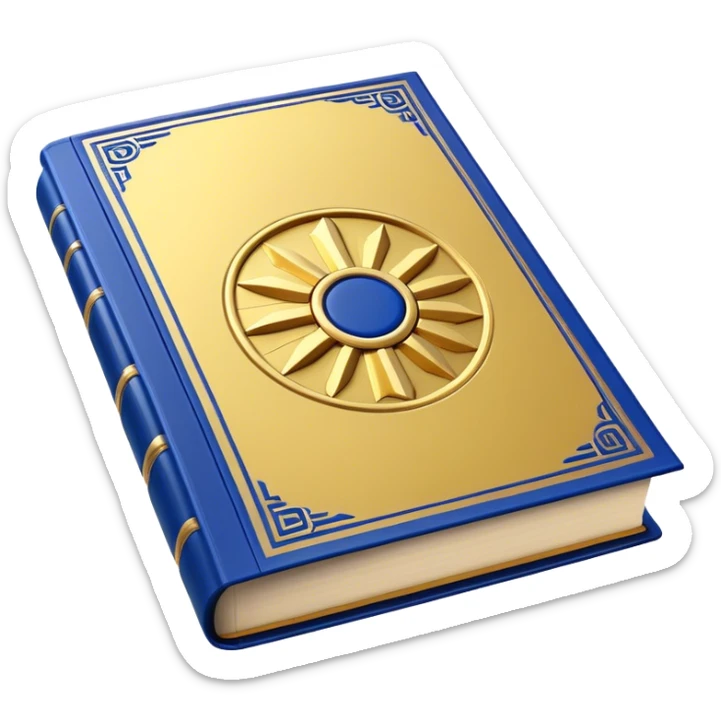 A golden yellow book with royal blue accents, smooth and polished, embossed with a symbol of six pillars, a sun, or a glowing mirror, radiating strength, confidence, and the power of self-worth.  sticker