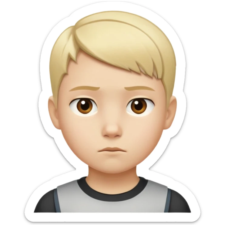 "- Nam
- 10 tuổi
- Da trắng
- Tóc ngắn, vàng, vuốt undercut gọn gàng
- mặt nghiêm túc
" sticker