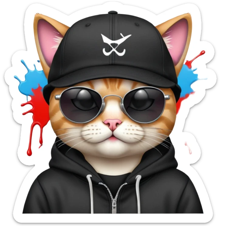 cat wearing a black snapback cap and black hoodie, with black sunglasses positioned low on his nose, winking one eye while looking directly at the viewer over the top of his sunglasses with a mischievous expression, doing graffiti with spray paint sticker