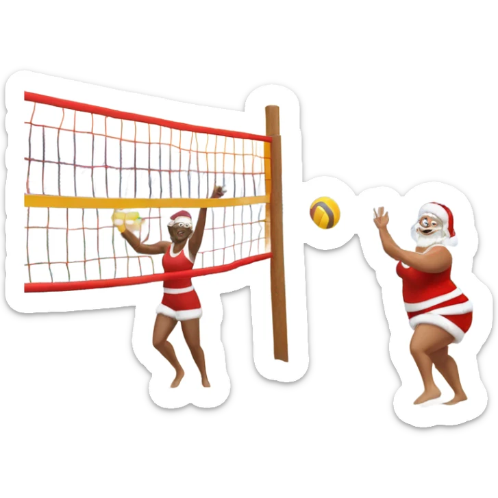 mrs claus playing beach volleyball in the north pole in the snow (should be wearing a christmas hat) in a volleyball court made from snow sticker