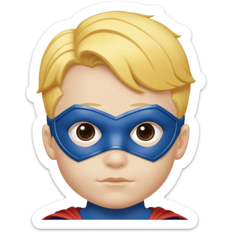 Un niño de cabello amarillo con un antifas azul y un traje de súper Man  sticker