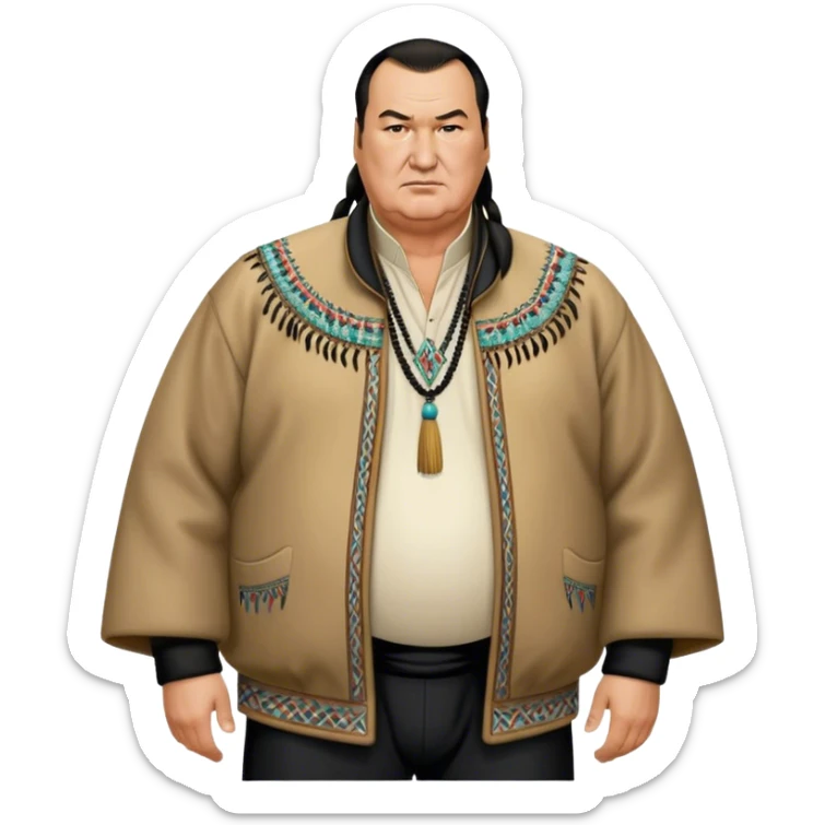unhealthy steven segal show entire-body balding with ponytail. pot belly. native american style jacket-with-tassles black pants big belly sticker
