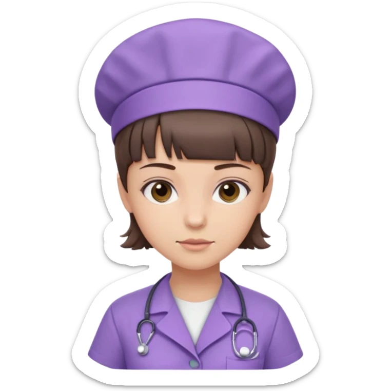 A young female slim nurse with short Brown hair with fringe over her forehead, wearing larvendar purple working cloth, without hat sticker