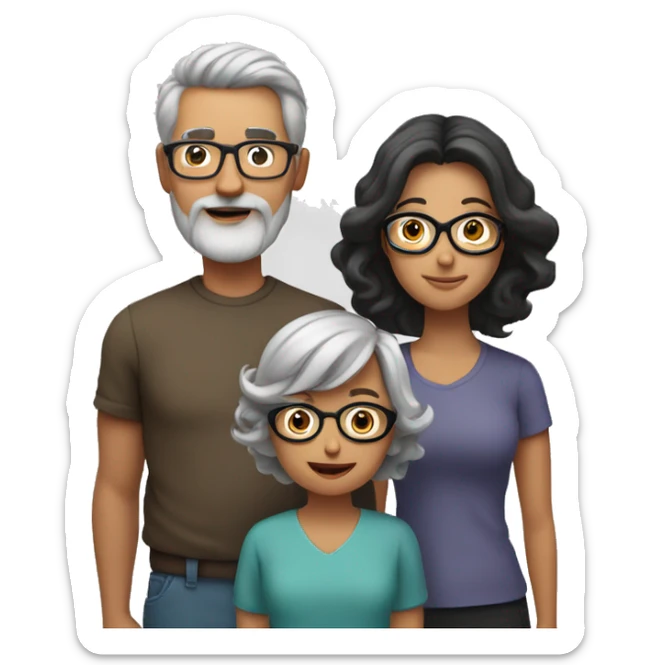 Familiy Group. Dad with grey short hair. Mother with brown shoulder long hair. Son with shorter black hair and beard. Everyone is wearing glasses sticker