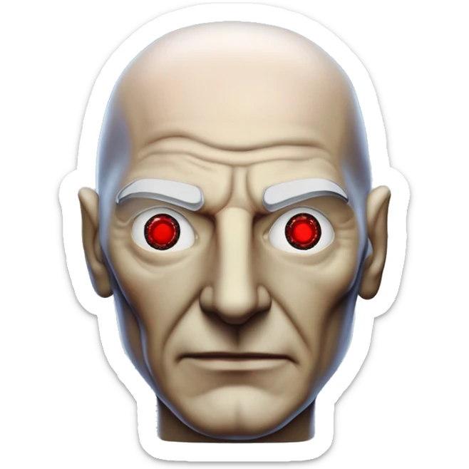 Jean luc picard from Star Trek assimilated by the Borg, with mechanical metal covering the left side of his face with a red glass lens over the left eye. His right eye looks like a normal human eye and is dark blue. sticker