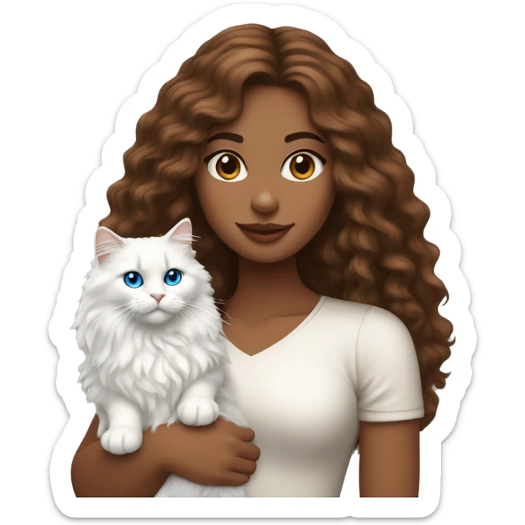 woman with long curly brown hair and holding a all white Siberian cat with blue eyes sticker